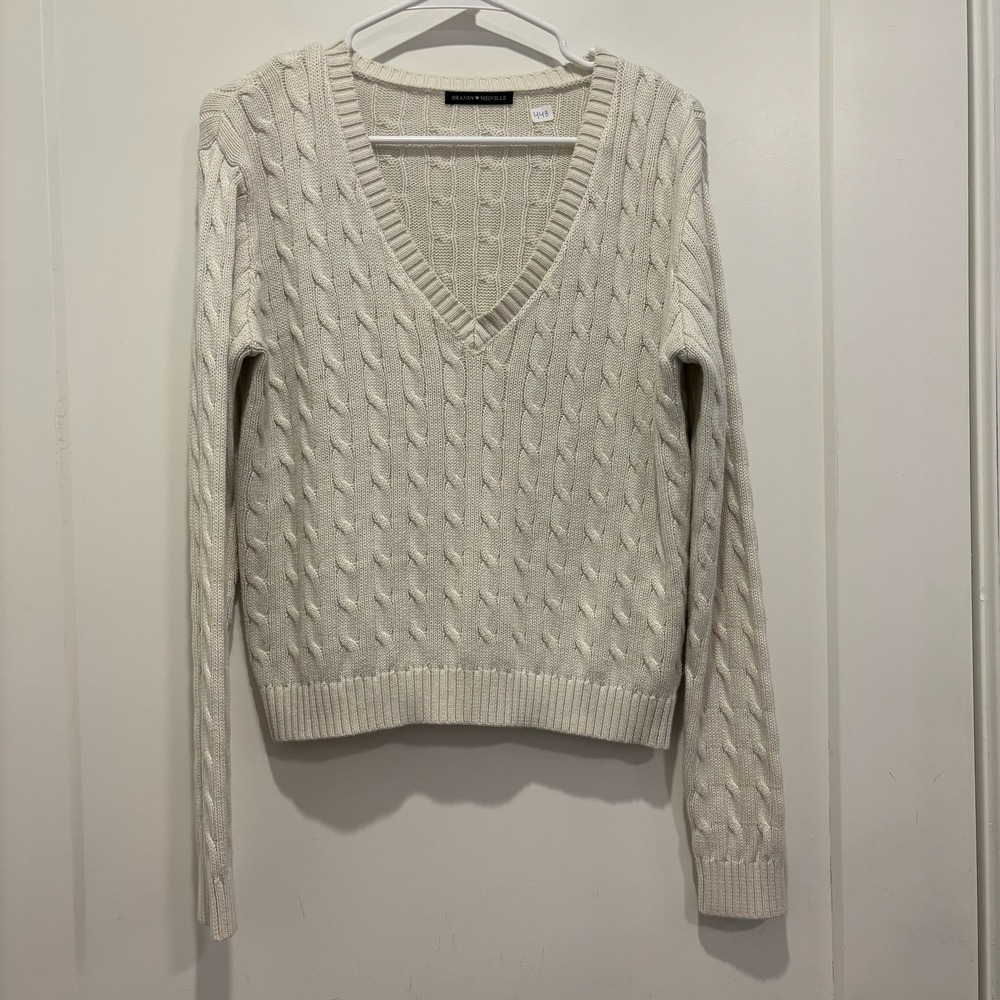 Brandy Melville Cream Cable Knit V-Neck Sweater Long Sleeve Pullover One Size